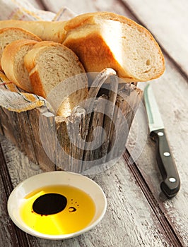 French bread baguette and olive oil.