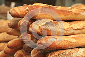 French bread heap on open market