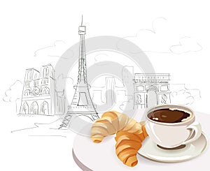 French breakfast on city background