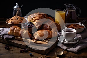 French breakfast, coffee, croissant, pastries AI generated