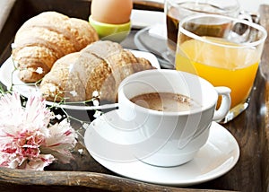 French Breakfast with Coffee, Flower and Croissants