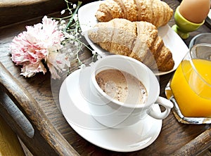 French Breakfast with Coffee, Flower and Croissants