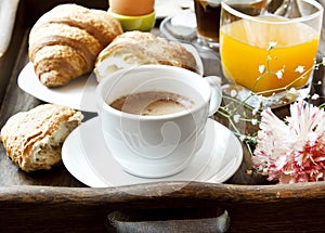 French Breakfast with Coffee, Flower and Croissants