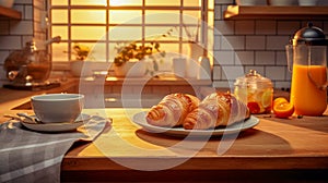 French Breakfast With Croissant, Coffee And Orange Juice. Cosy Kitchen With Warm Colors For Sweet Morning. Generative AI