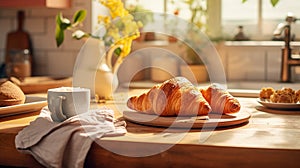 French Breakfast With Croissants And Coffee. Cosy Kitchen With Warm Colors For Delicious Morning. Generative AI