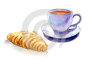 French breakfast, cup of coffee and croissant, isolated, watercolor illustration