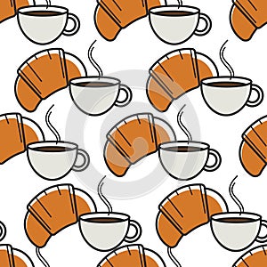 French breakfast seamless pattern croissant and coffee cup