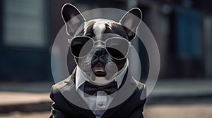 french bull dog wearing a neat suit and a bow tie, wearing sunglass, Generative AI