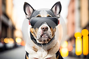 French bull dog wearing a virtual reality headset