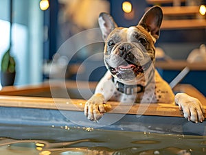 A French Bulldog beams joyfully during bath time, an adorable moment of home pet care