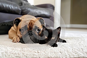 A French bulldog and a black kitten lie together on a white carpet in a room near the sofa
