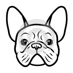 French bulldog black and white hand drawn cartoon portrait. Funny cute bulldog puppy face. Dogs, pets themed design element, icon