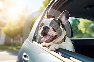 French bulldog in the car. French bulldog in the car, Cute happy dog looking out of car window, AI Generated