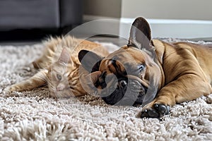 French bulldog and cat lie together on a white carpet in the room