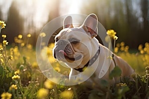 French Bulldog in a Colorful Meadow of Spring Flowers.