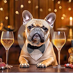 French bulldog dog celebrating new years eve with champagne. Holiday decorated, Christmas lights on background.