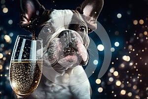 French bulldog dog with champagne glass. AI generated