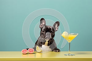 french bulldog dog cheering a toast with martini cocktail drink AI generated