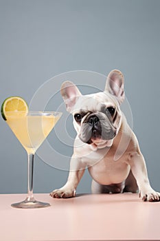 french bulldog dog cheering a toast with martini cocktail drink AI generated