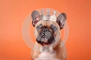 French Bulldog dog with crown on head on orange background