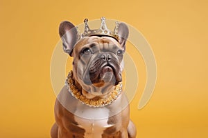 French Bulldog dog with crown on head on yellow background
