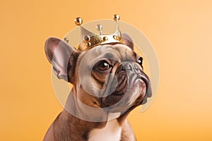 French Bulldog dog with crown on head on yellow background