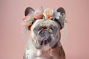 French Bulldog dog with flower crown on head on pastel background