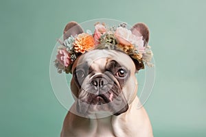 French Bulldog dog with flower crown on head on pastel background