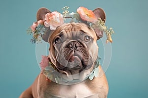 French Bulldog dog with flower crown on head on pastel background