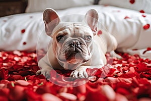 French bulldog dog lying in bed full of red rose flower petals as background AI generated