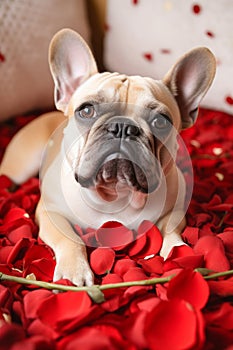 French bulldog dog lying in bed full of red rose flower petals as background AI generated