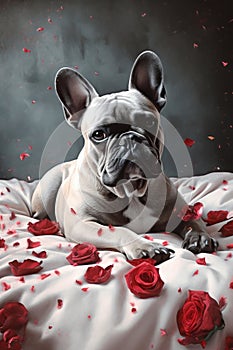 French bulldog dog lying in bed full of red rose flower petals as background AI generated