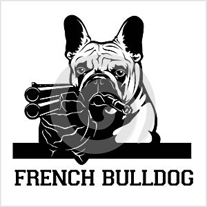 French Bulldog dog with a shotgun and cigar - French Bulldog gangster. Head of angry French Bulldog