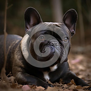 French Bulldog dog sitting, front view, looking serious into the camera, pet portrait, outdoor image