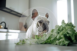 French Bulldog dog suiting in front of kitchen counter with raw lettuce salad