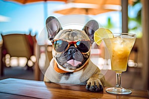 French bulldog dog with sunglasses and cocktail on the beach, summer time