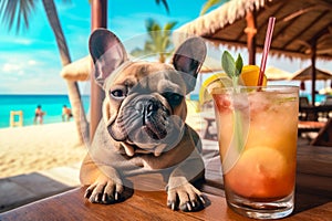 French bulldog dog with sunglasses and cocktail on the beach, summer time