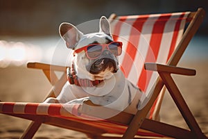 French Bulldog dog with sunglasses relaxing in beach canvas chair. Generative AI