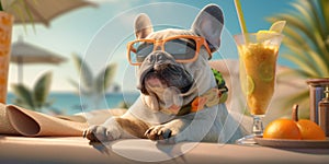 French bulldog dog in sunglasses sits on a deck chair with a cocktail on beach. The concept of a summer holiday by the sea.