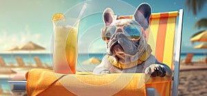 French bulldog dog in sunglasses sits on a deck chair with a cocktail on beach. The concept of a summer holiday by the sea.