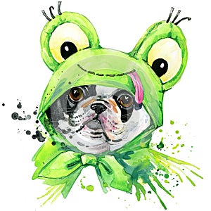 French bulldog dog T-shirt graphics. french bulldog illustration with splash watercolor textured background. unusual illustratio