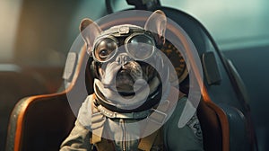 french bulldog dog wearing aviator helmet and goggles in vintage aircraft cockpit