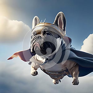 French bulldog dressed as a superhero with cape on blue sky background