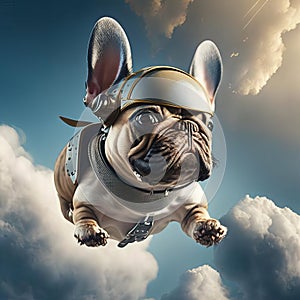 French bulldog dressed as a superhero with cape on blue sky background