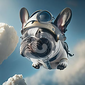 French bulldog dressed as a superhero with cape on blue sky background