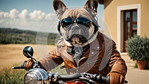 French bulldog dressed up on motorcycle