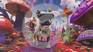 A French bulldog embarks on a psychedelic trip through a VR headset, surrounded by a kaleidoscope of colors and