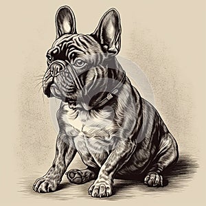 French bulldog, engaving style, close-up portrait, black and white drawing, photo