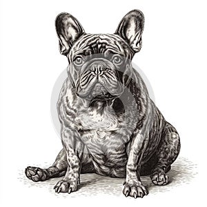French bulldog, engaving style, close-up portrait, black and white drawing, photo