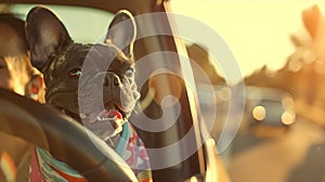 French Bulldog enjoying a car ride during golden hour. Casual and joyful moment captured. Perfect for pet-related